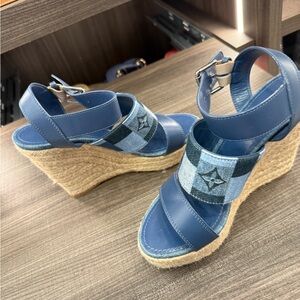 Louis Vuitton Blue Denim-Panel Wedge Sandals